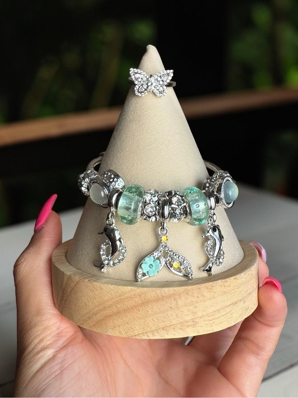 Silver Mermaid Tail & Dolphin Charm Bracelet and Ring